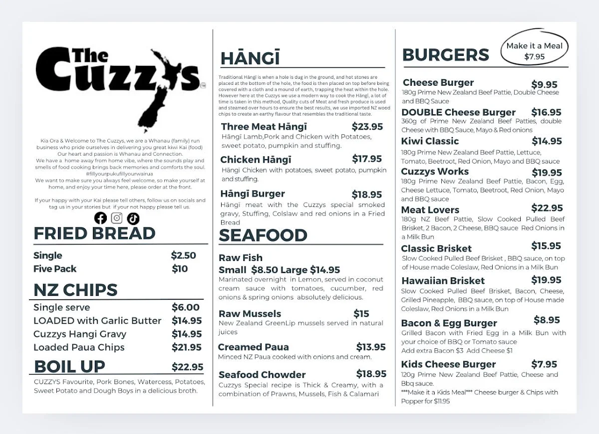 Menu, The Cuzzy's