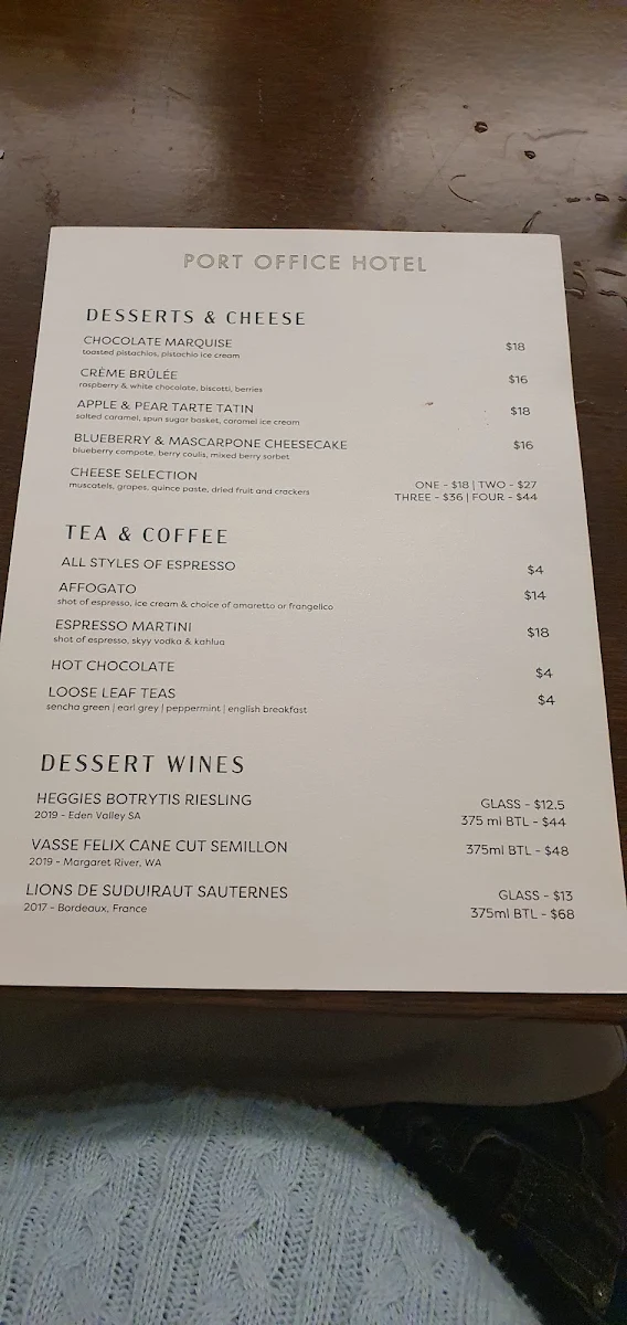 Menu, Port Office Hotel