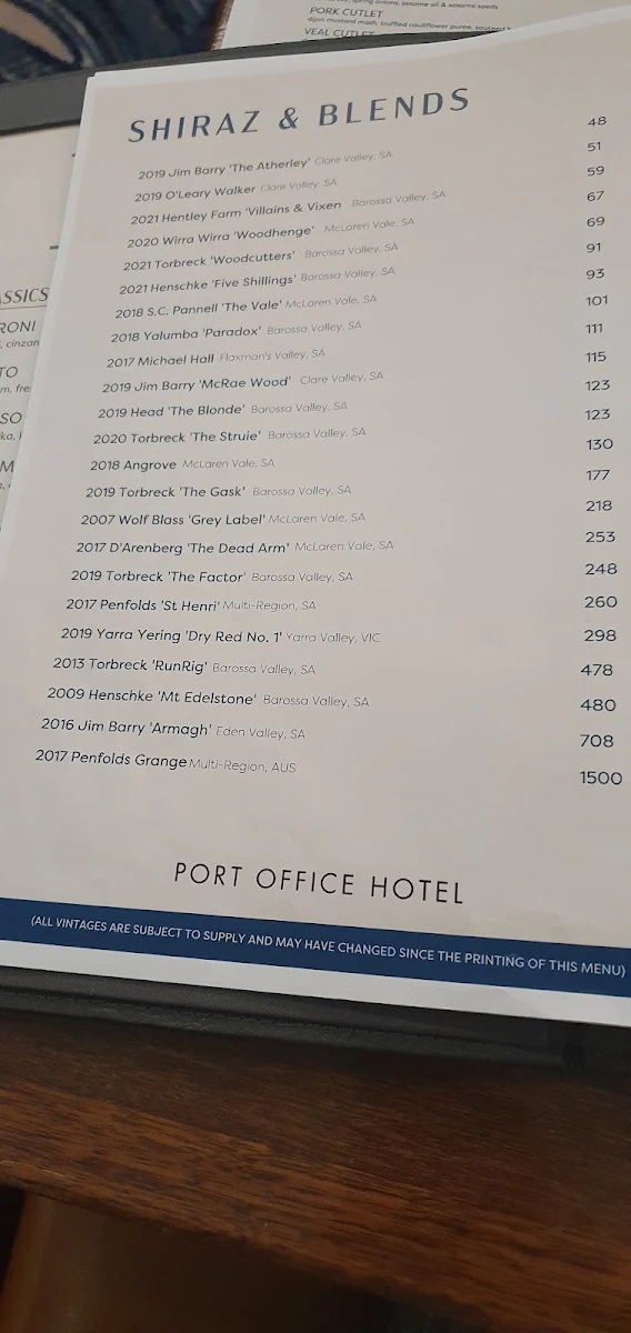 Menu, Port Office Hotel