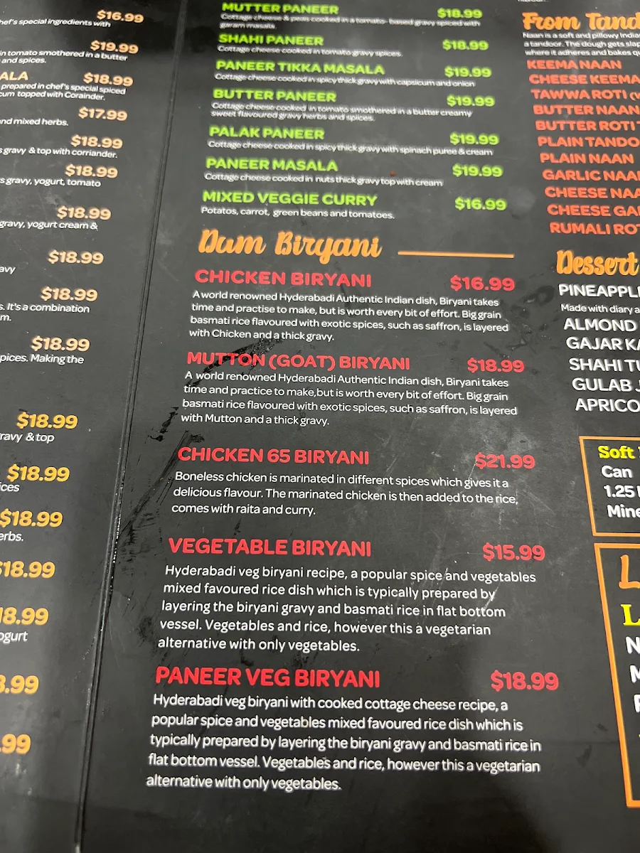 Menu, Indian Biryani Restaurant Rockdale