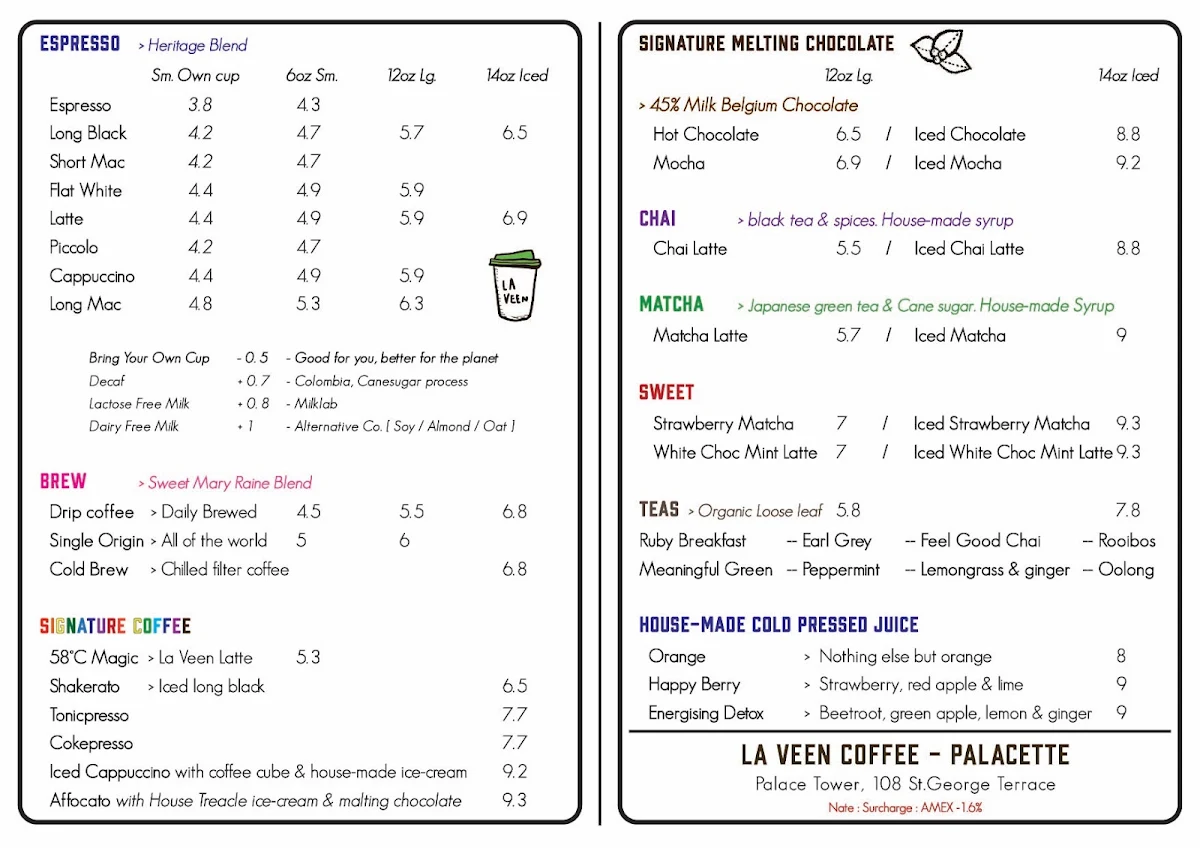 Menu, La Veen Coffee - Palace Tower