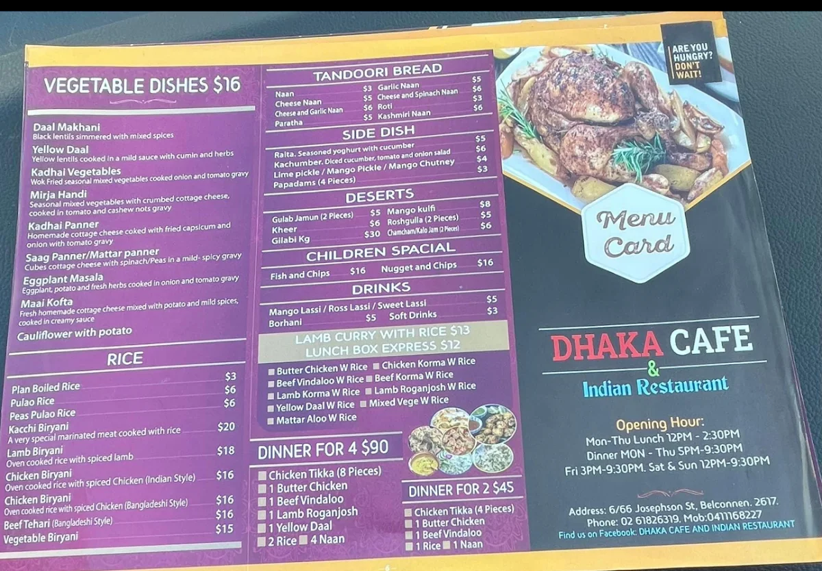 Menu, Dhaka Cafe