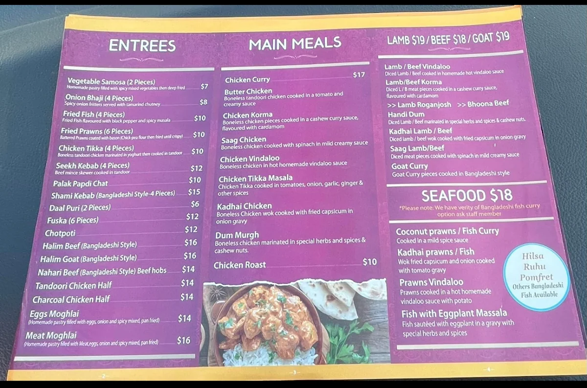 Menu, Dhaka Cafe