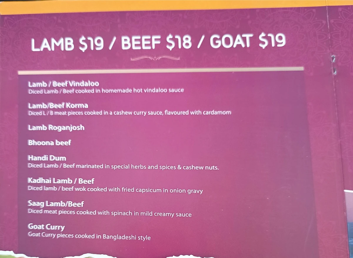 Menu, Dhaka Cafe