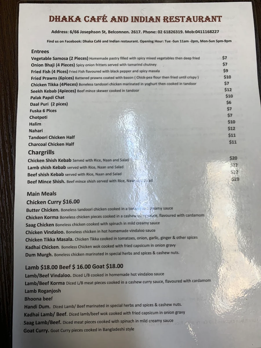 Menu, Dhaka Cafe