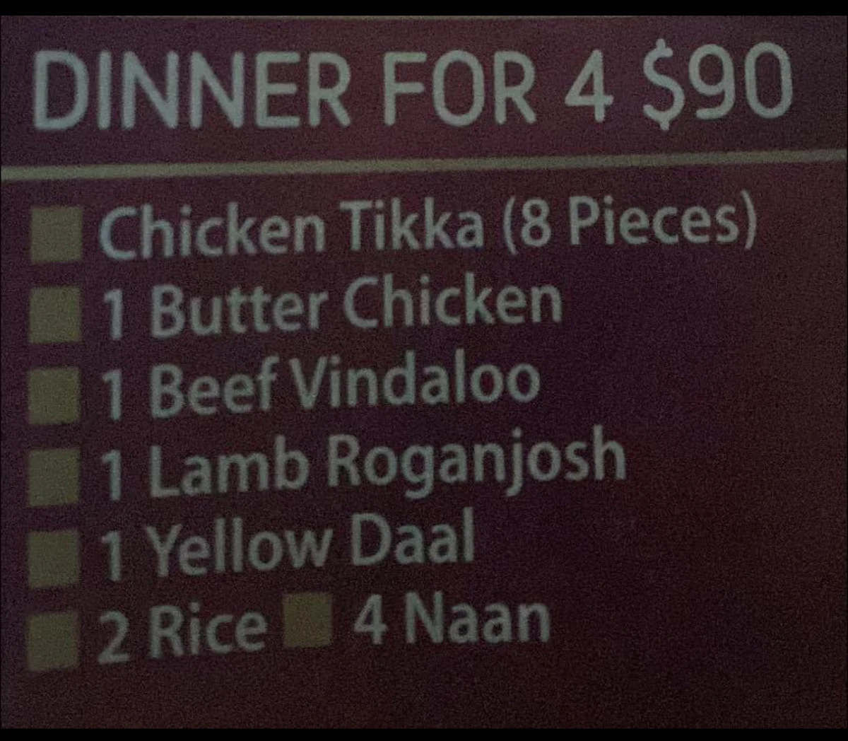 Menu, Dhaka Cafe