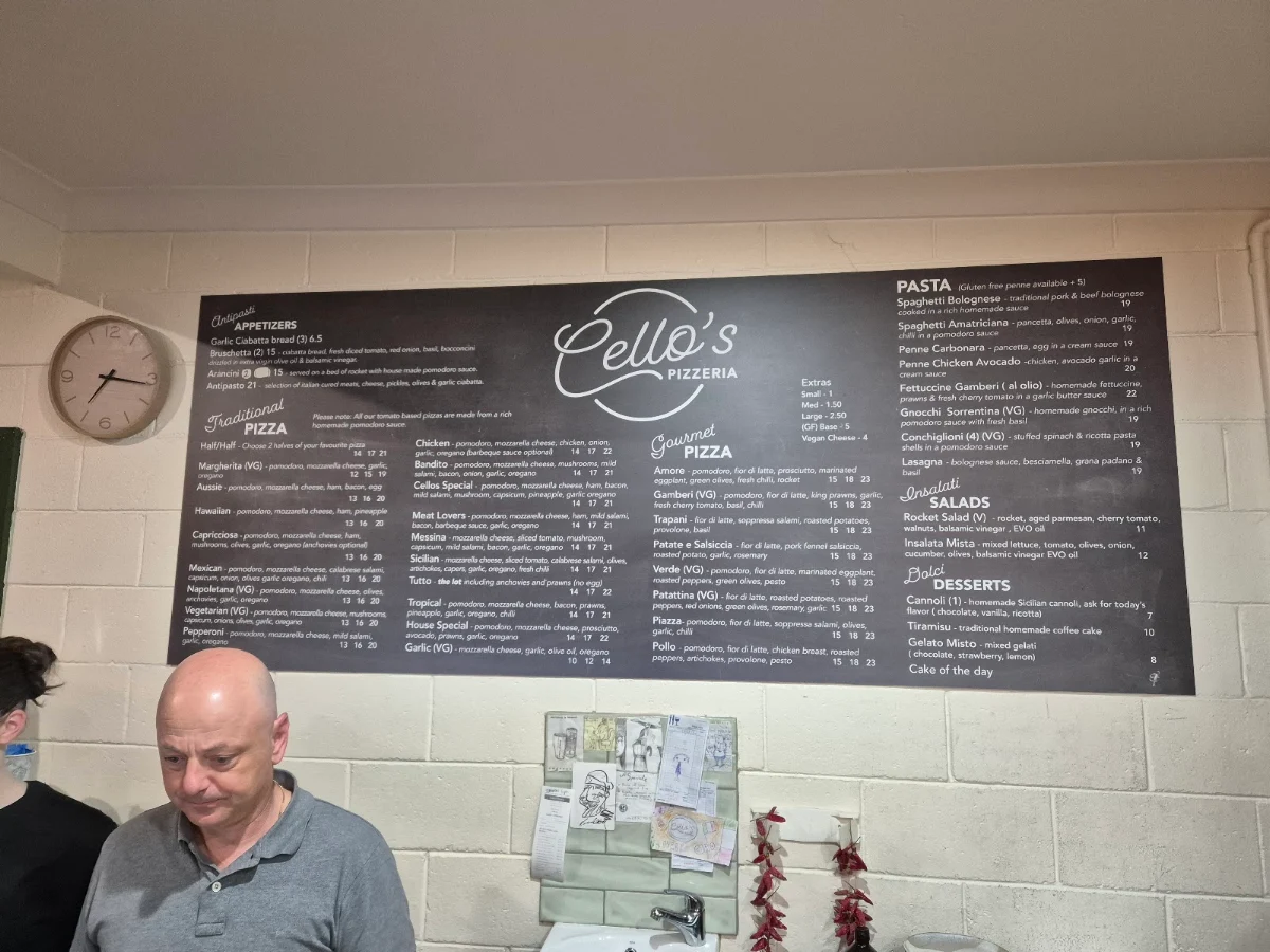 Menu, Cellos Pizzeria