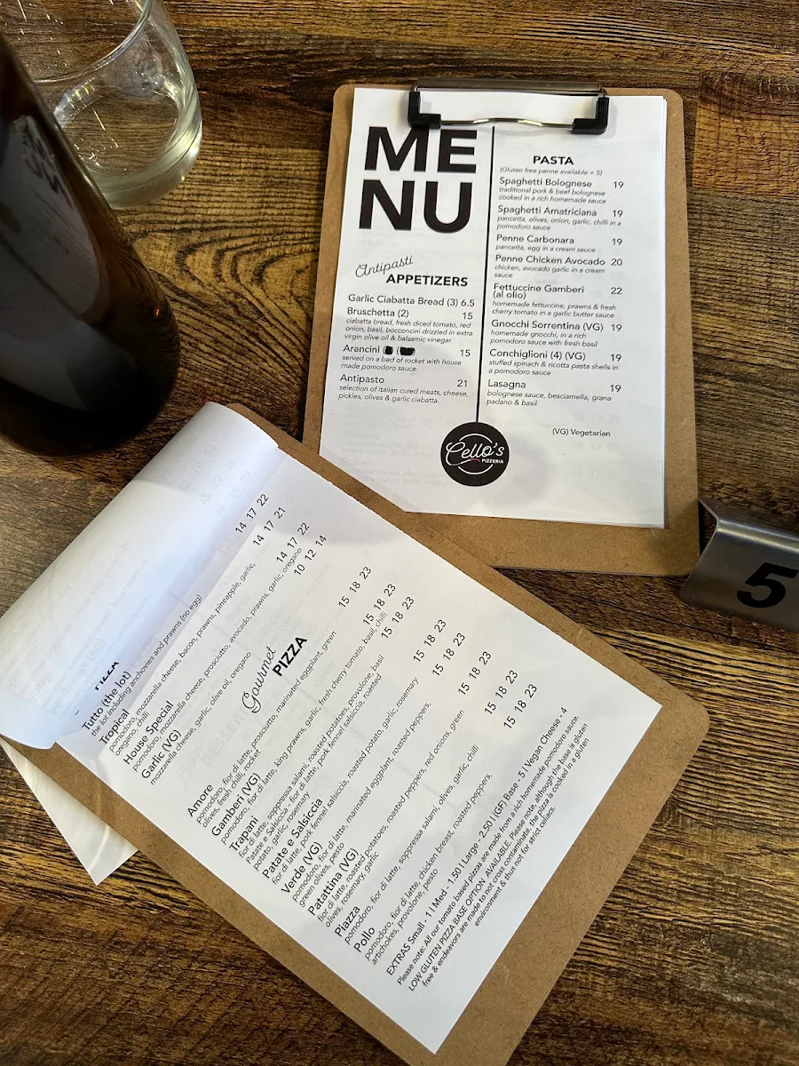 Menu, Cellos Pizzeria