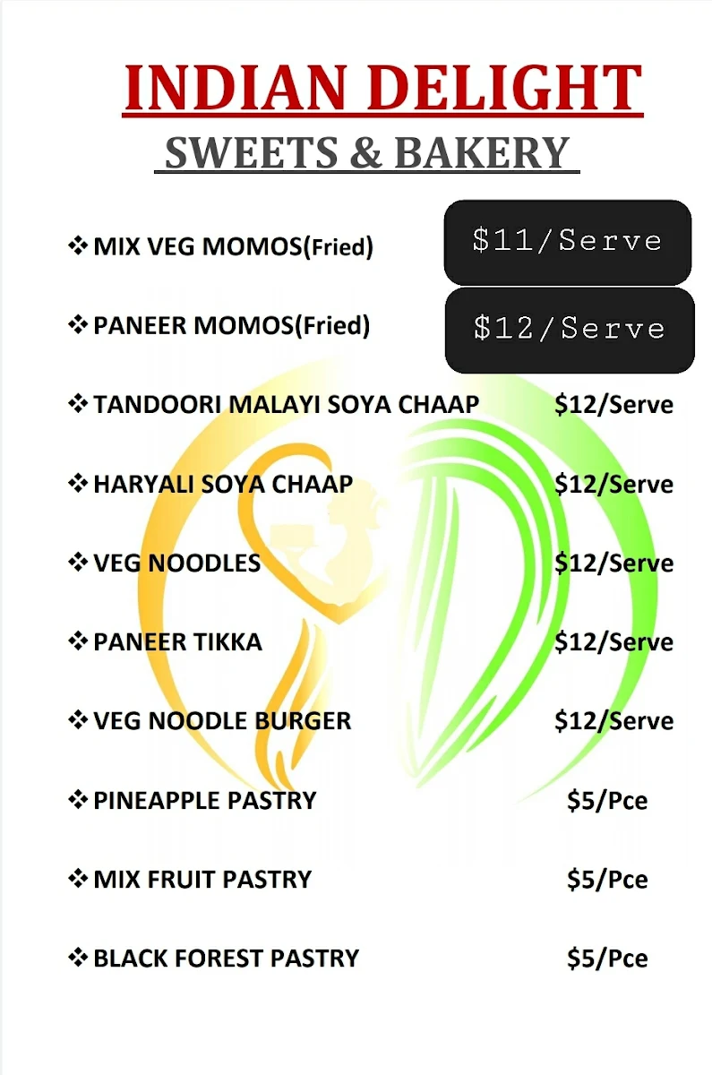 Menu, INDIAN DELIGHT SWEETS & BAKERY