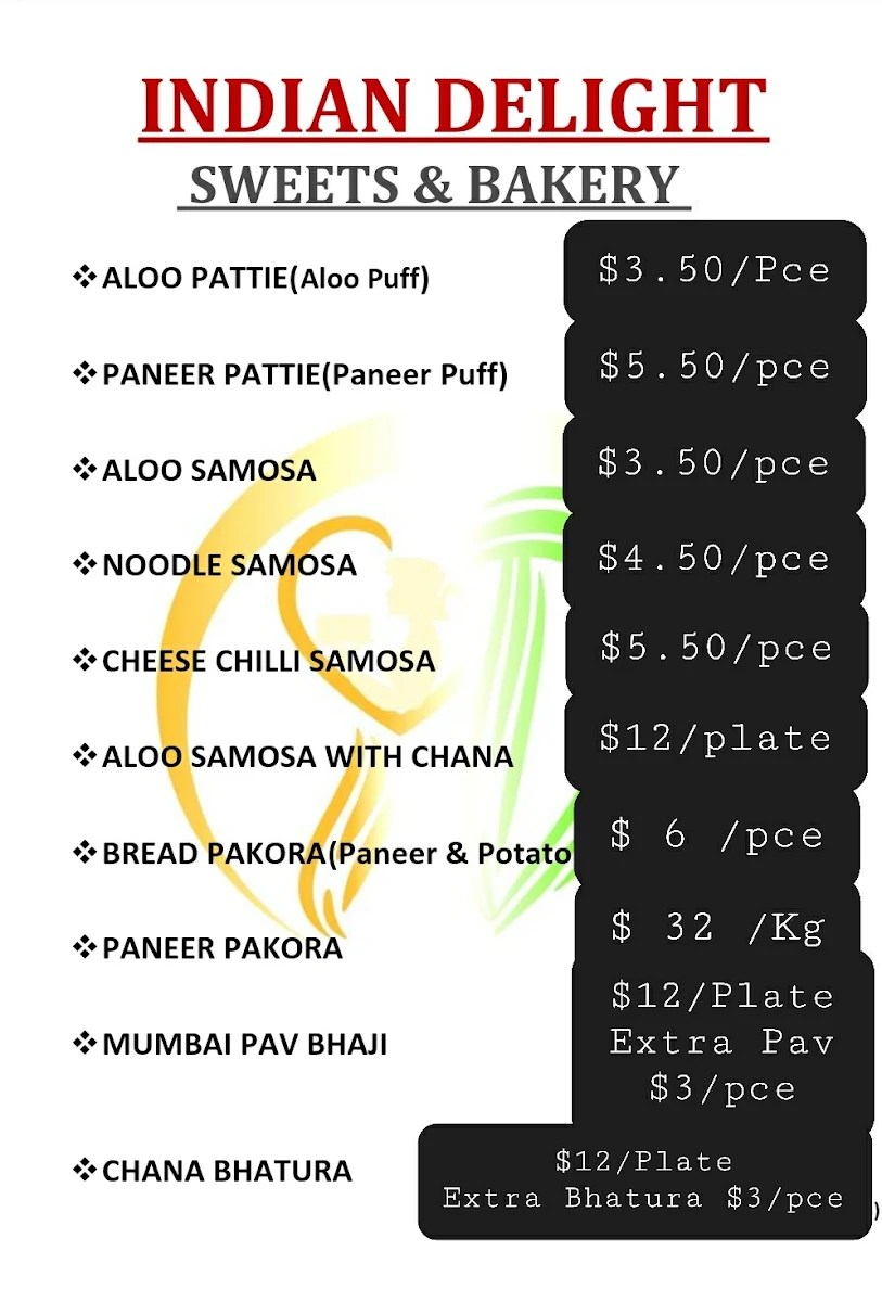 Menu, INDIAN DELIGHT SWEETS & BAKERY