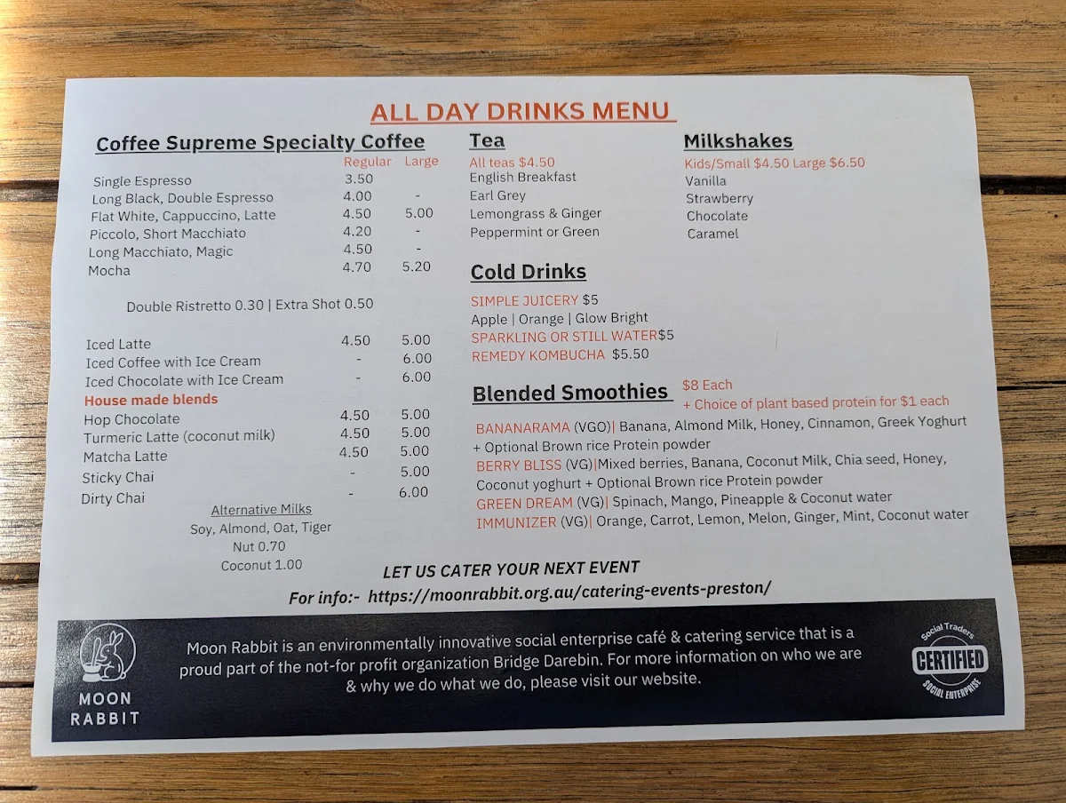 Menu, Moon Rabbit Cafe
