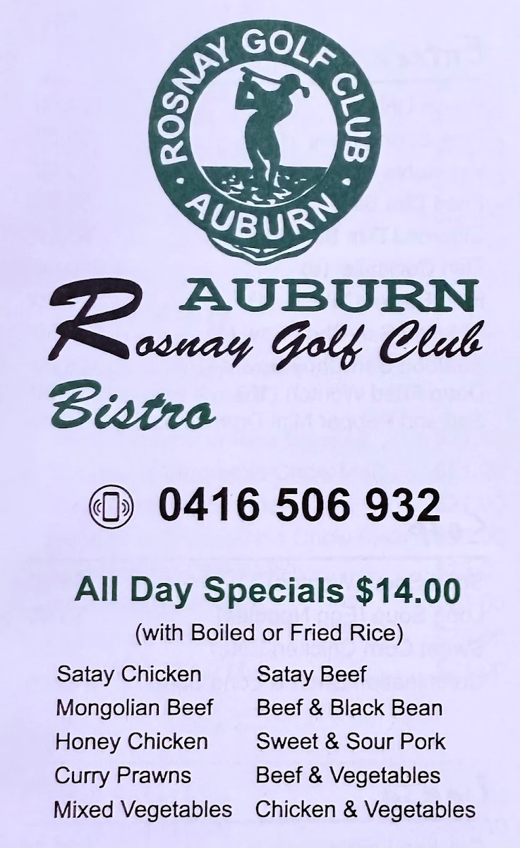 Menu, Auburn Rosnay Golf Club Bistro