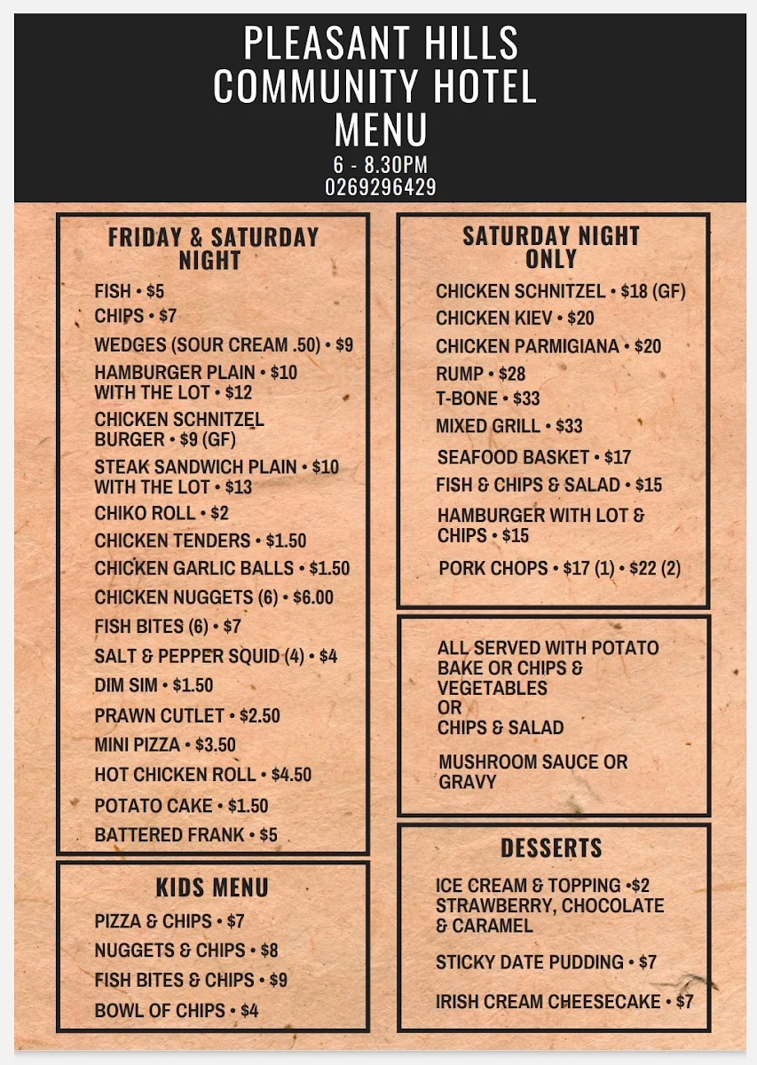 Menu, Pleasant Hills Hotel - Community