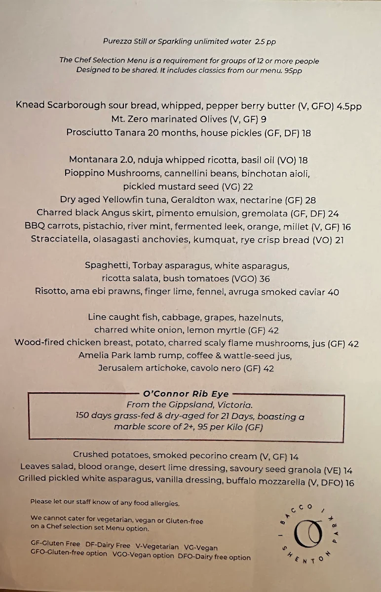 Menu, Bacco Shenton Park