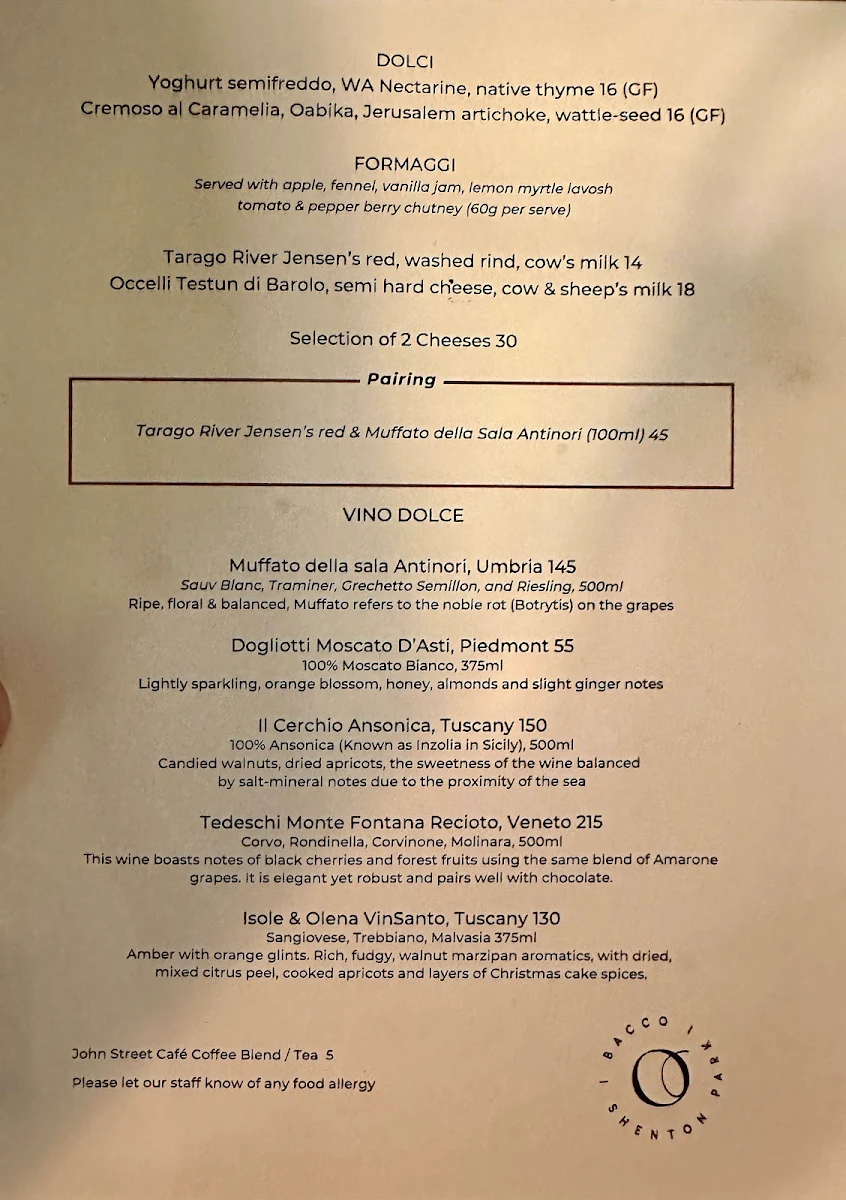 Menu, Bacco Shenton Park