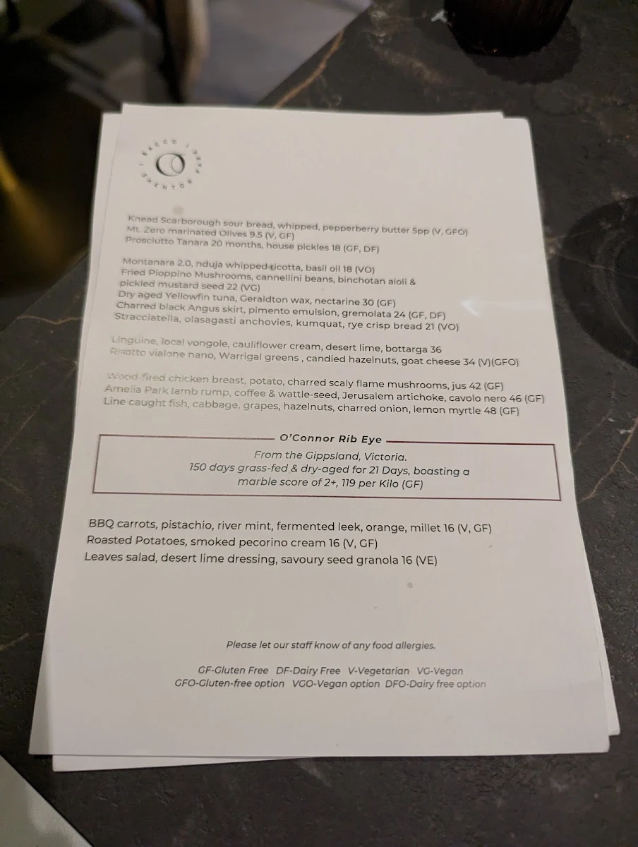 Menu, Bacco Shenton Park