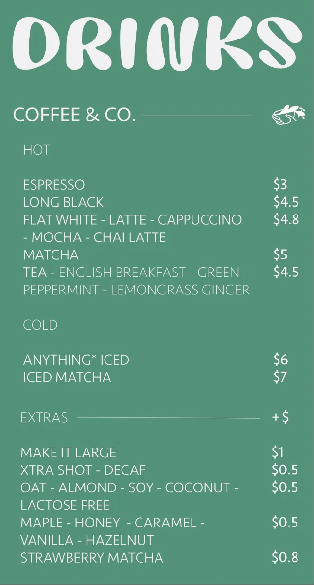 Menu, Daisy Days Coffee
