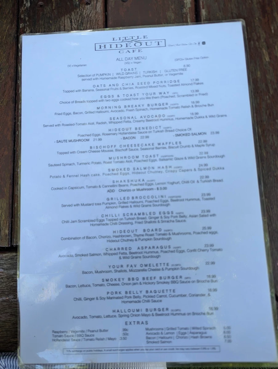 Menu, Little Hideout Cafe
