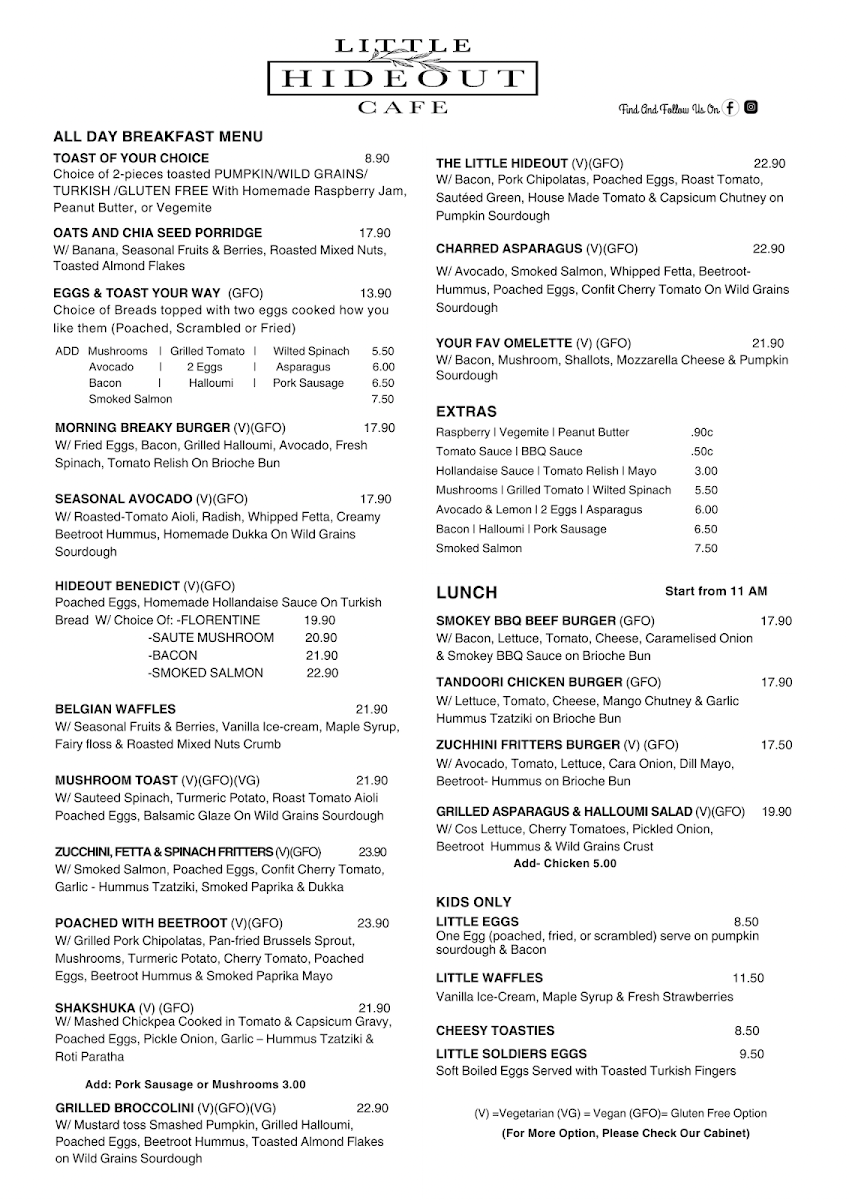 Menu, Little Hideout Cafe