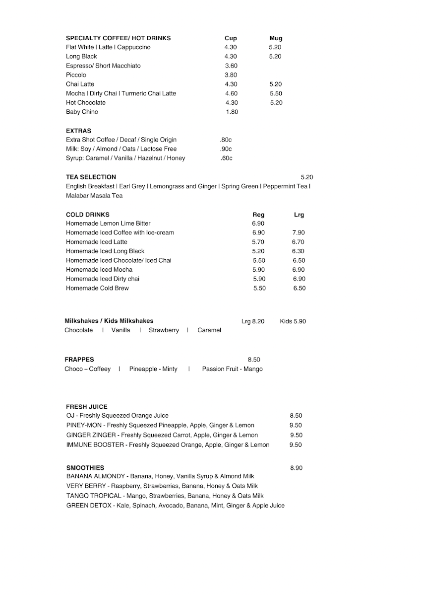 Menu, Little Hideout Cafe