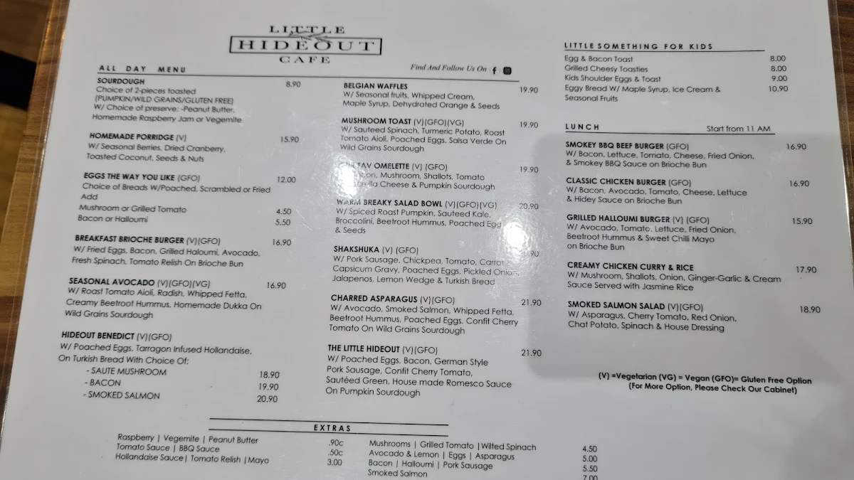 Menu, Little Hideout Cafe