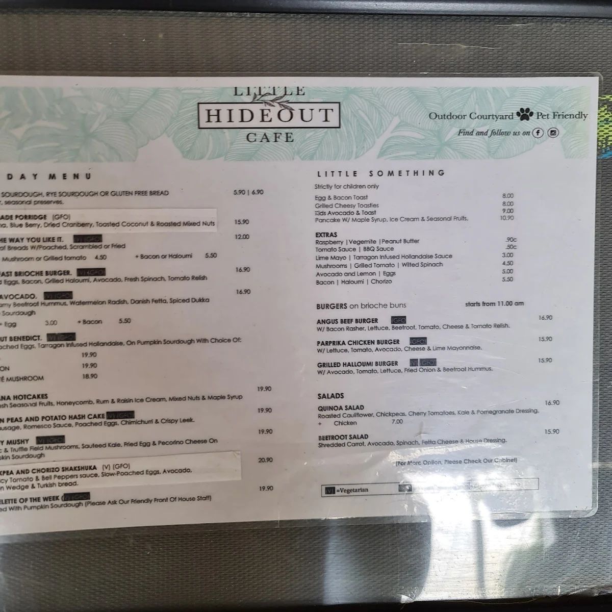 Menu, Little Hideout Cafe