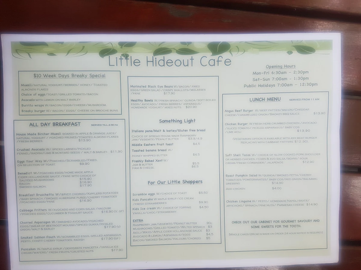 Menu, Little Hideout Cafe