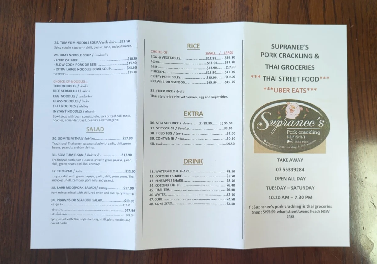 Menu, Supranee's thai street food & pork crackling