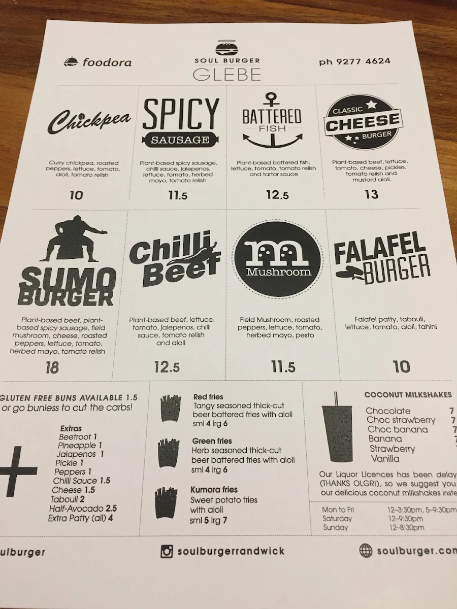Menu, Soul Burger - Glebe