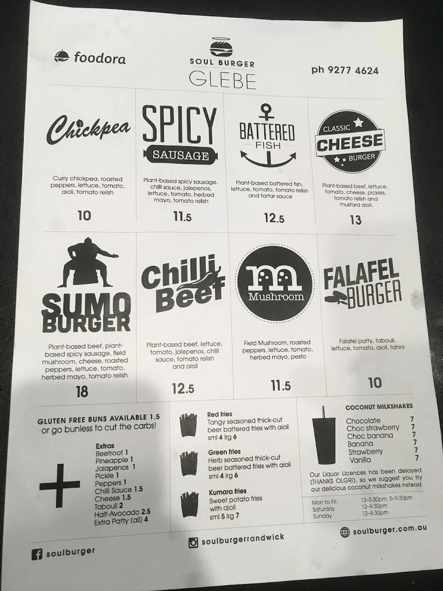 Menu, Soul Burger - Glebe