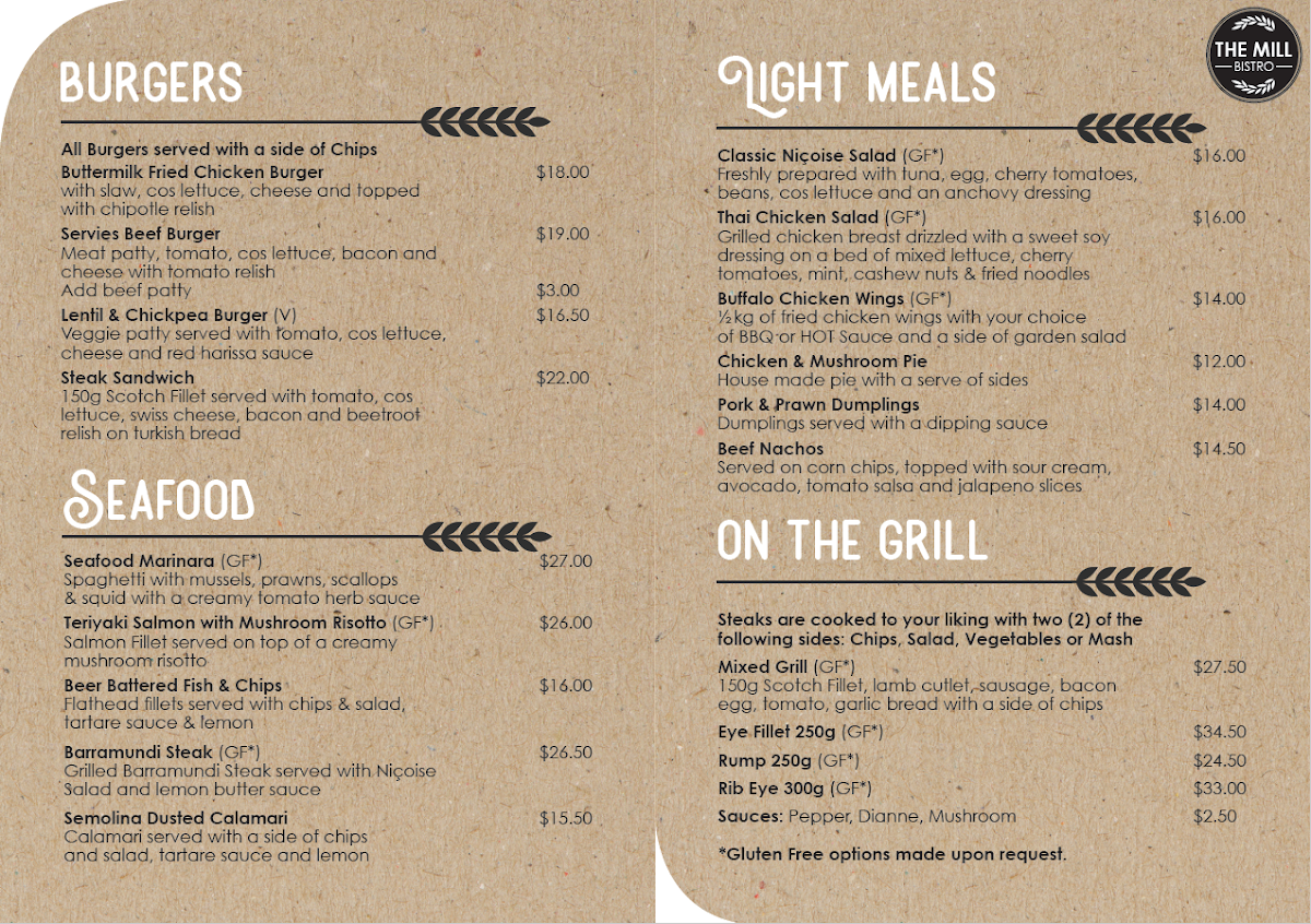 Menu, The Mill Bistro