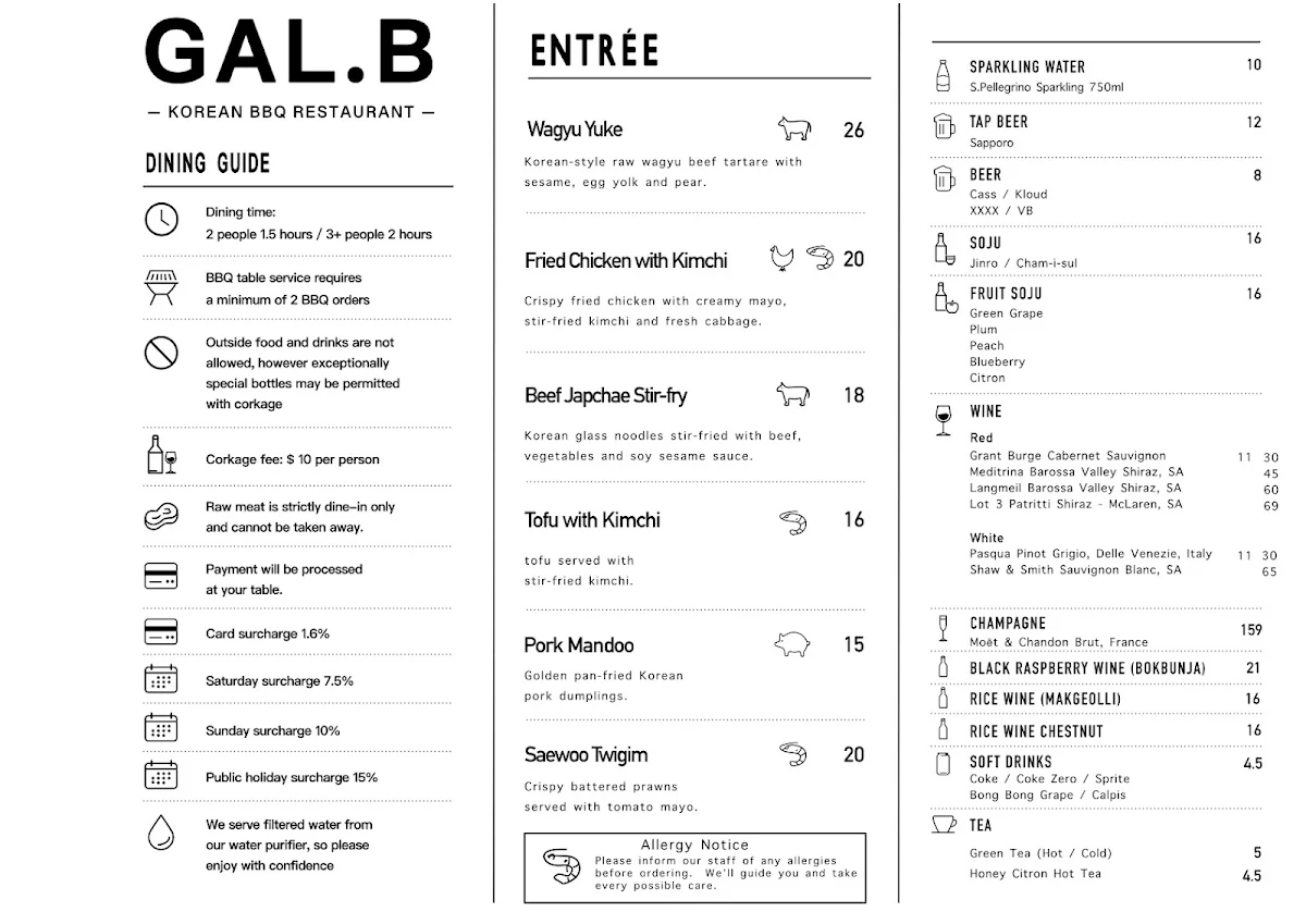 Menu, GAL.B Premium Korean BBQ Restaurant