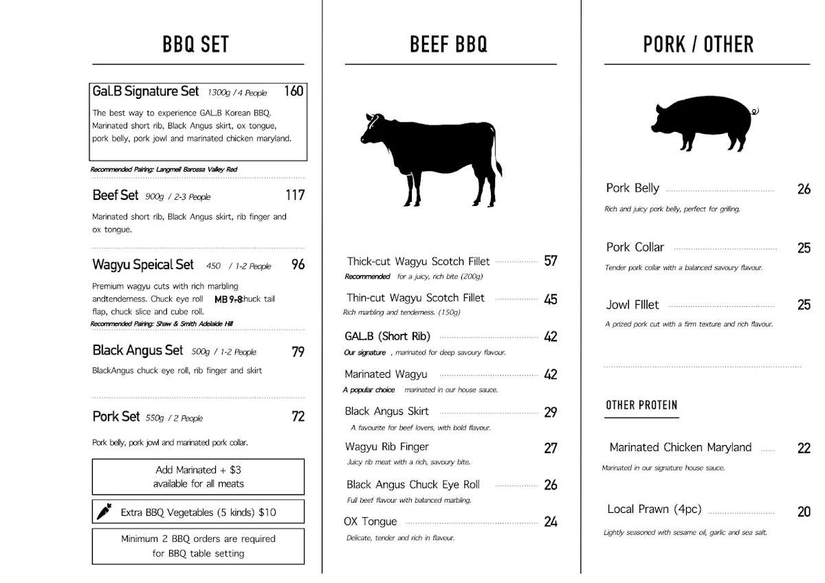 Menu, GAL.B Premium Korean BBQ Restaurant