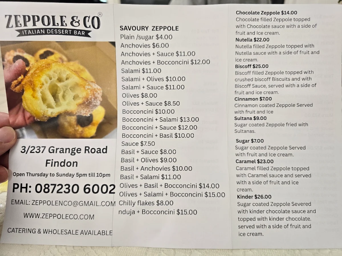 Menu, Zeppole & Co