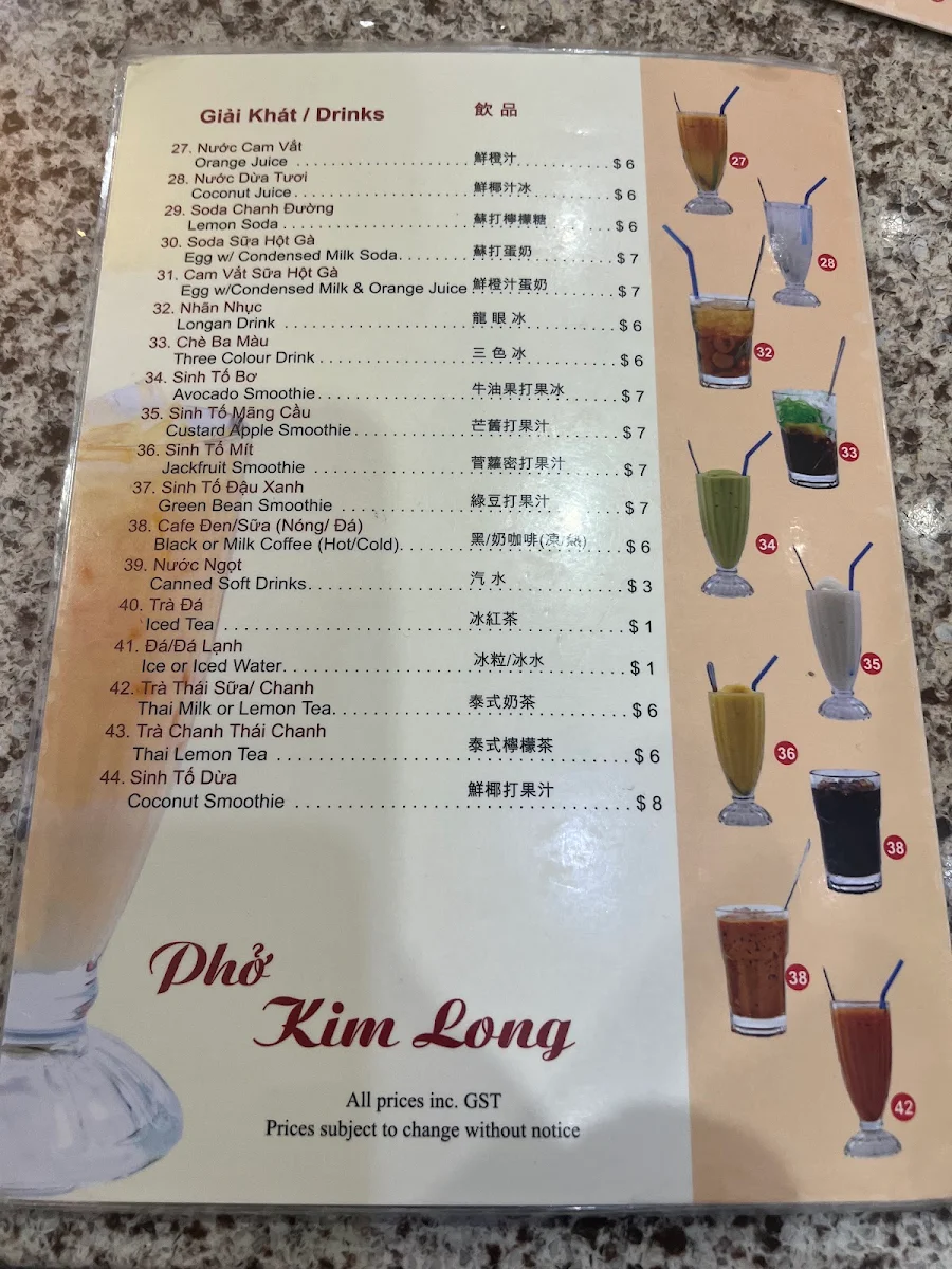 Menu, Pho Kim Long