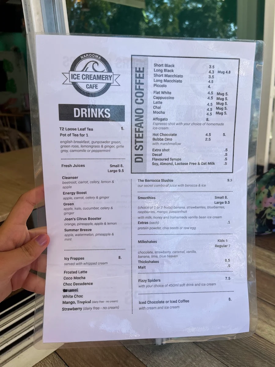 Menu, Narooma Ice Creamery Cafe