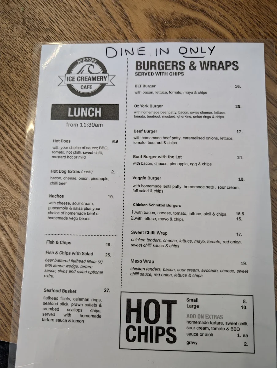 Menu, Narooma Ice Creamery Cafe