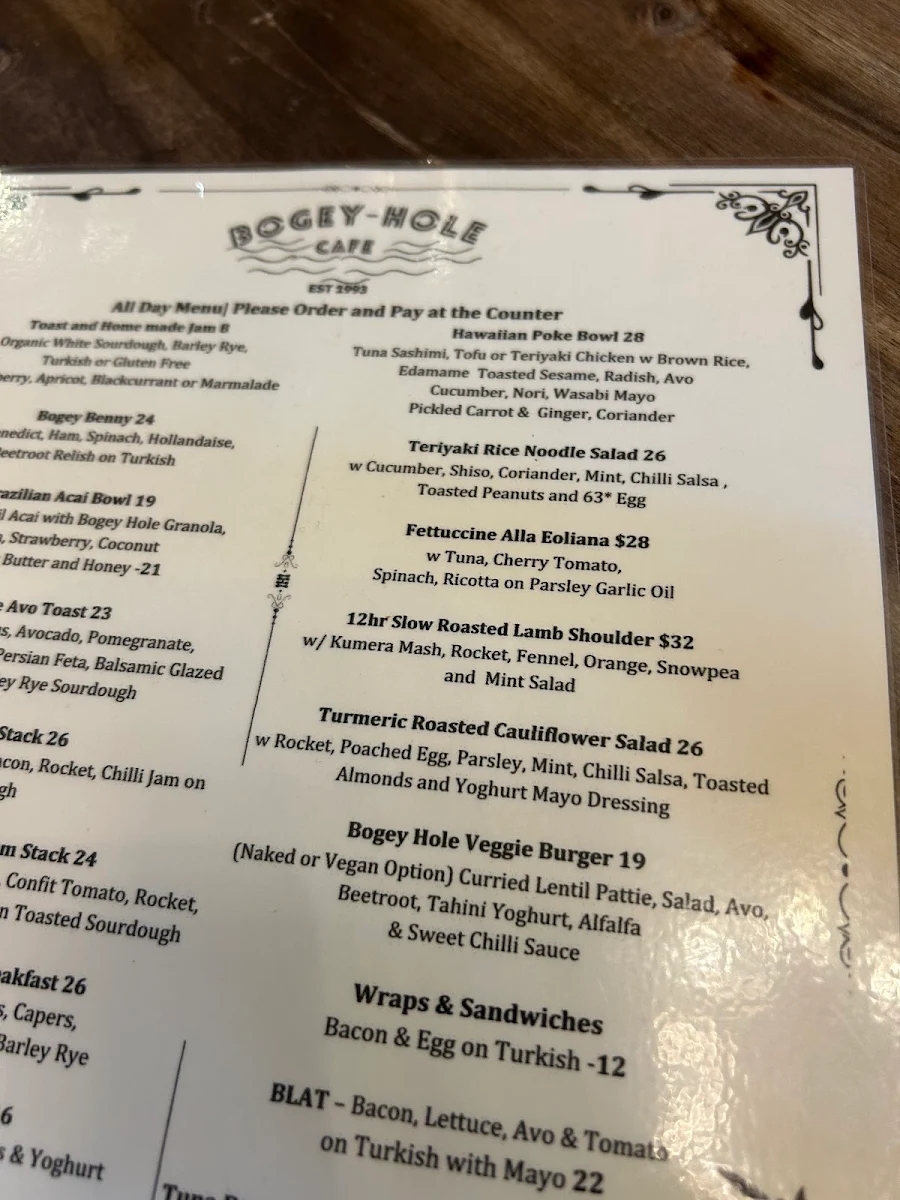 Menu, The Bogey Hole Cafe