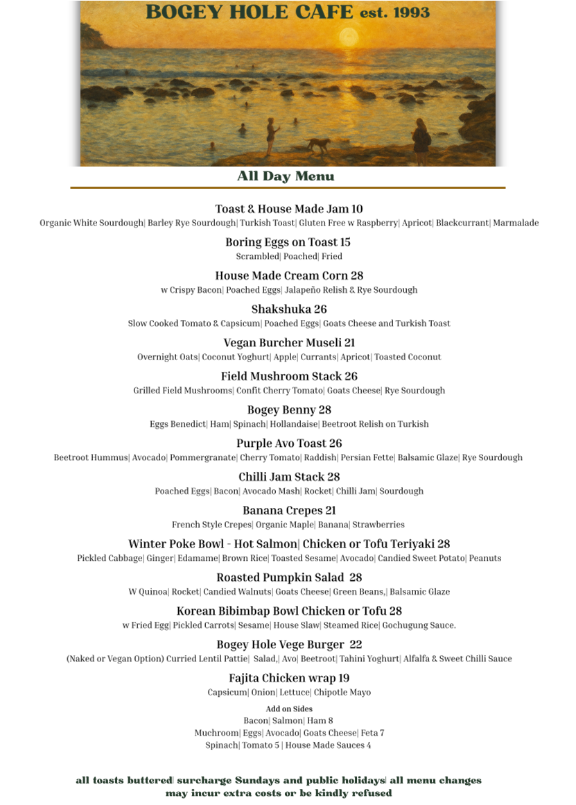 Menu, The Bogey Hole Cafe