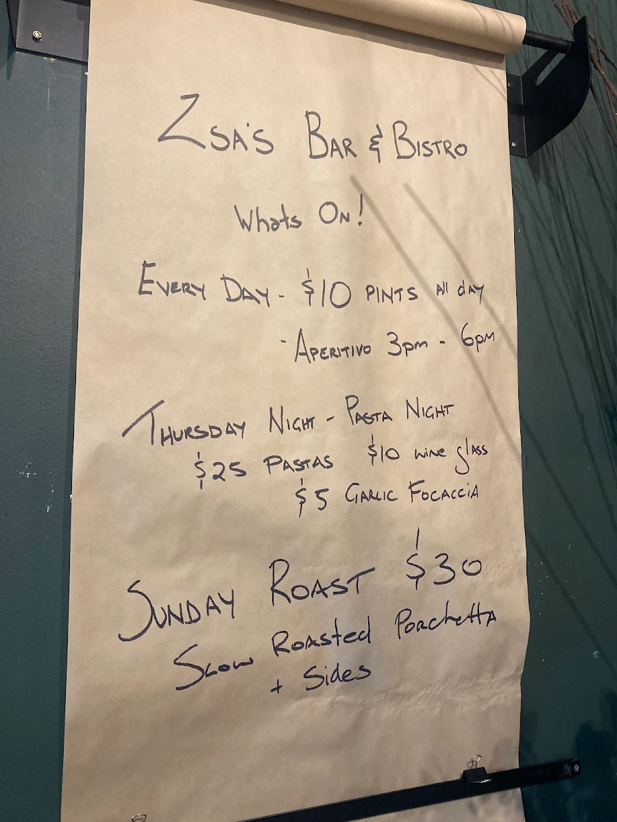 Menu, Zsa’s Bar & Bistroteca