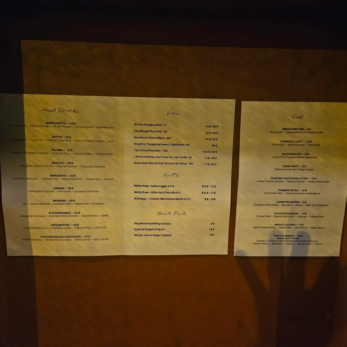 Menu, Babines