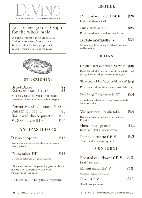 Menu, DiVino Ristorante at e’STELLAR estate