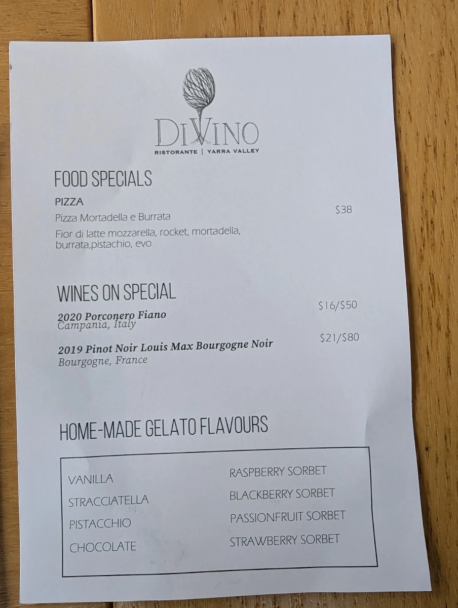 Menu, DiVino Ristorante at e’STELLAR estate