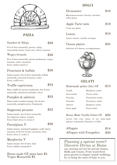 Menu, DiVino Ristorante at e’STELLAR estate