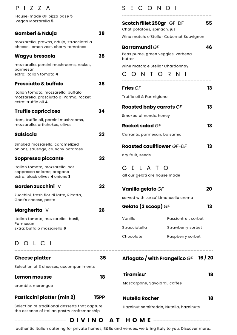 Menu, DiVino Ristorante at e’STELLAR estate