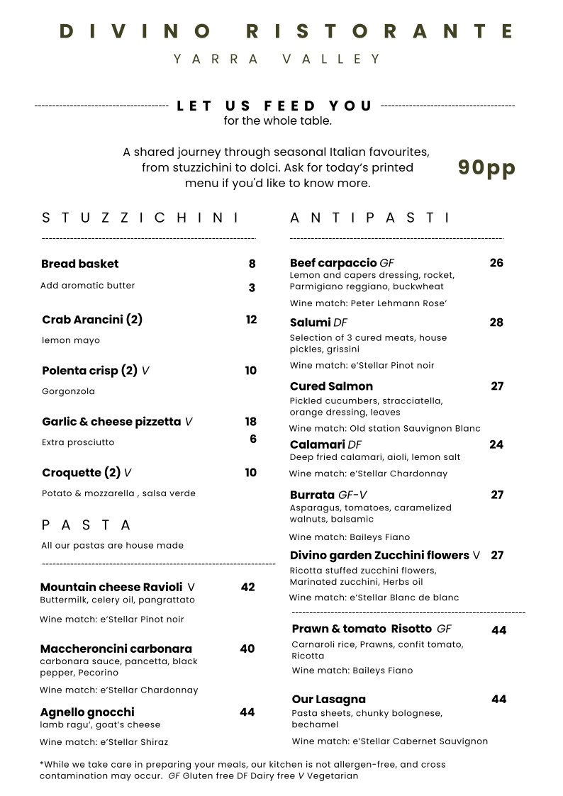 Menu, DiVino Ristorante at e’STELLAR estate
