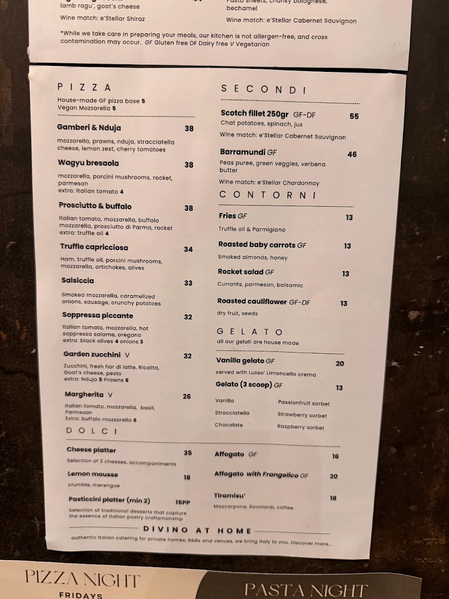 Menu, DiVino Ristorante at e’STELLAR estate