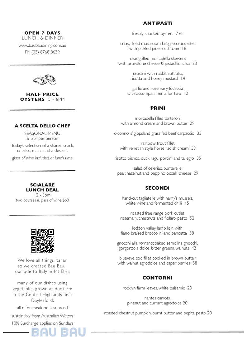 Menu, Bau Bau Dining