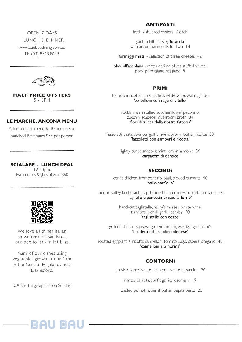 Menu, Bau Bau Dining