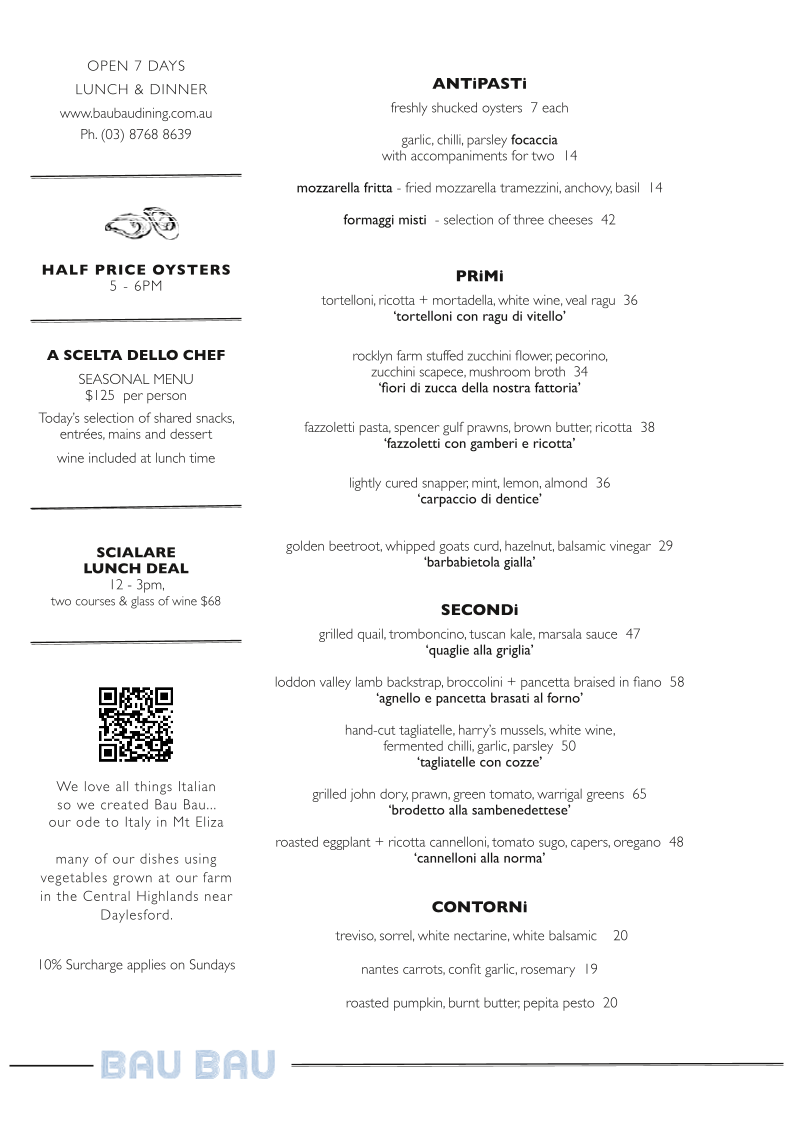 Menu, Bau Bau Dining